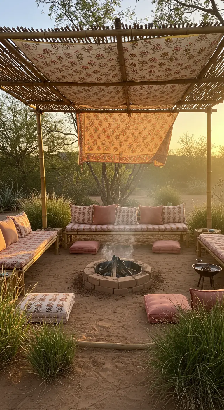 Pérgola de bambú en un entorno árido con un fuego en el centro y cojines en tonos rosados.