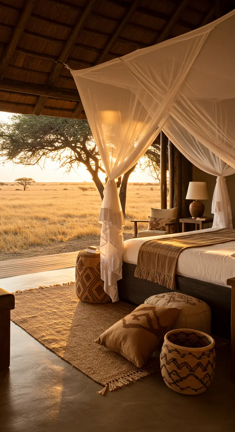 Dormitorio en un lodge de safari con cama con dosel, vistas a la sabana y decoración en tonos tierra.