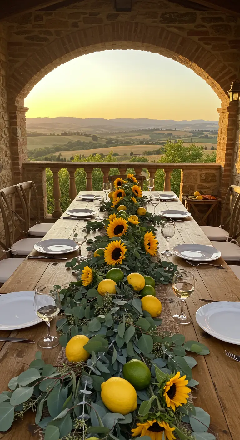 Mesa de comedor con un camino de eucalipto, limones, limas y girasoles al atardecer.