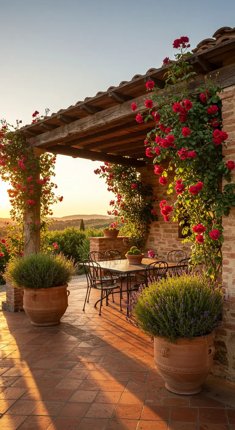 Patio rústico con pérgola de madera, rosas rojas trepadoras y macetas de lavanda al atardecer.