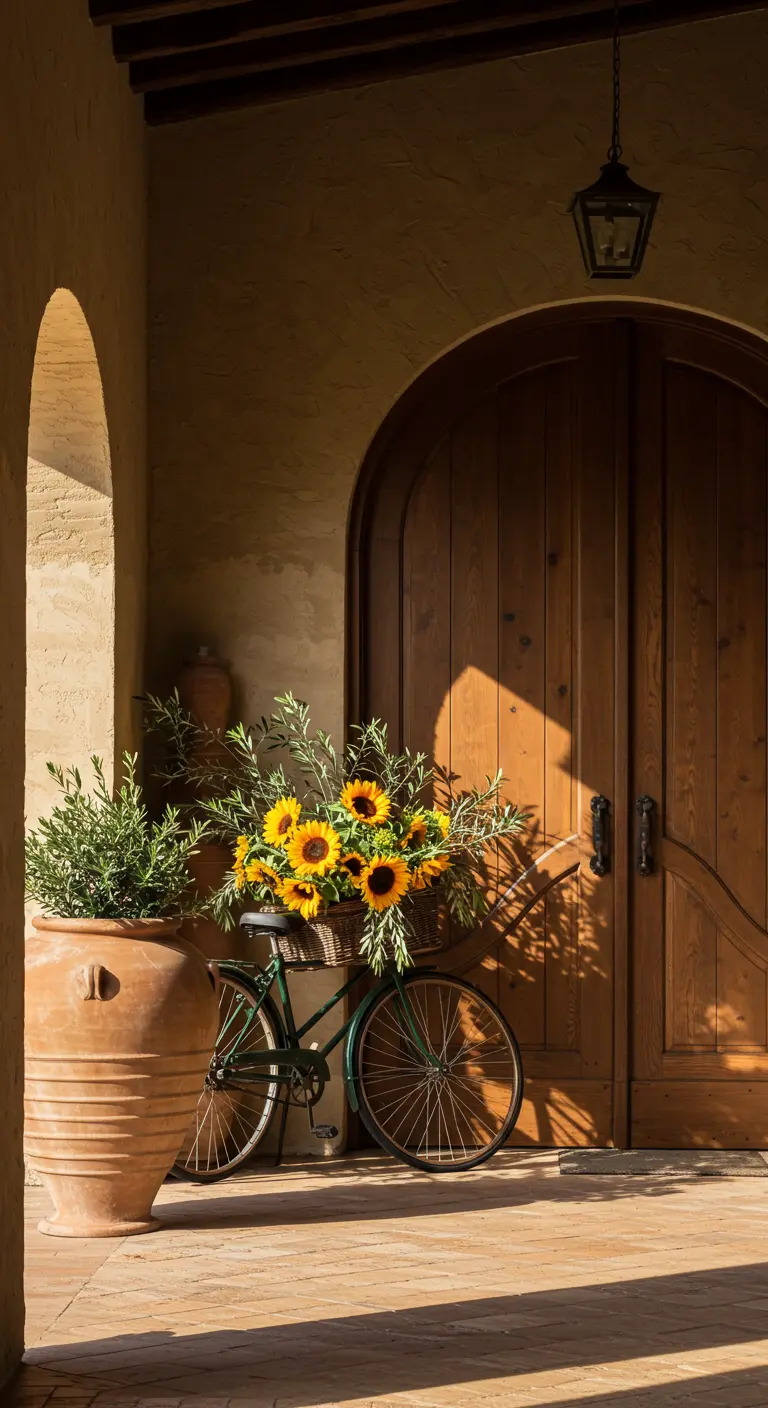 Bicicleta con girasoles y olivo junto a una gran maceta de terracota y puerta de madera