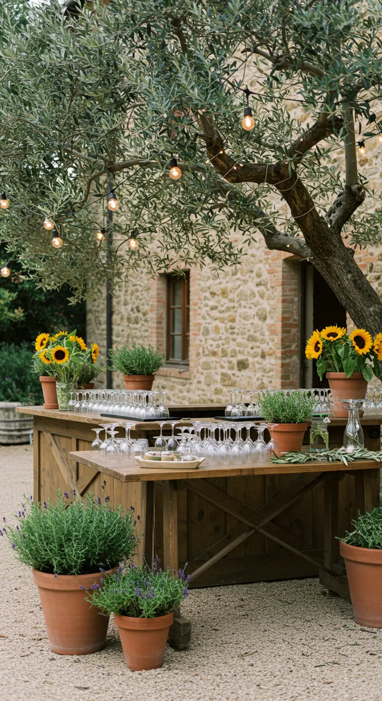 Barra rústica de madera al aire libre, bajo un olivo, decorada con girasoles y lavanda en macetas.
