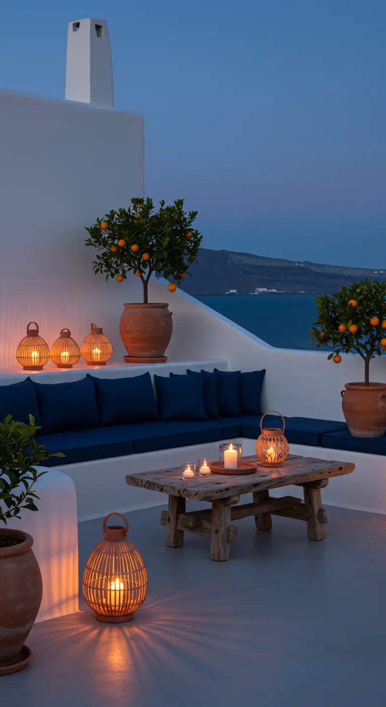Terraza de estilo griego con paredes blancas, cojines azules y faroles de bambú iluminando la noche.