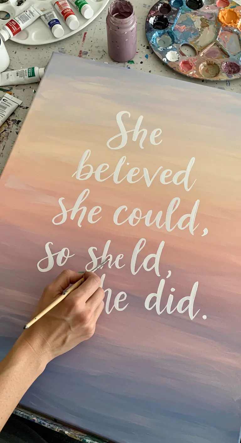 Mano pintando la frase 'She believed she could, so she did' sobre un lienzo con fondo de atardecer.