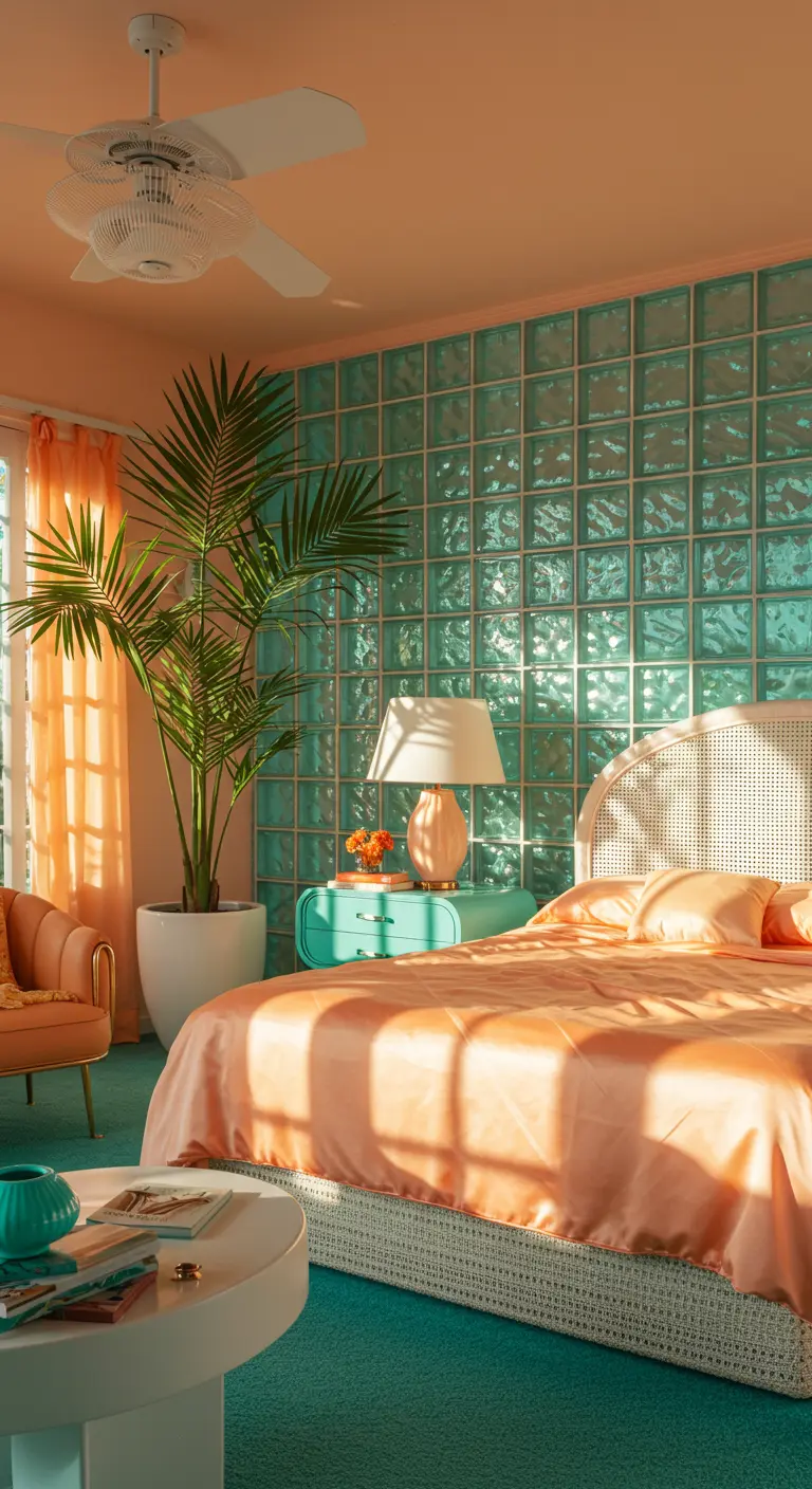 Dormitorio de los 80 con pared de bloques de vidrio, cama color melocotón y una palmera.