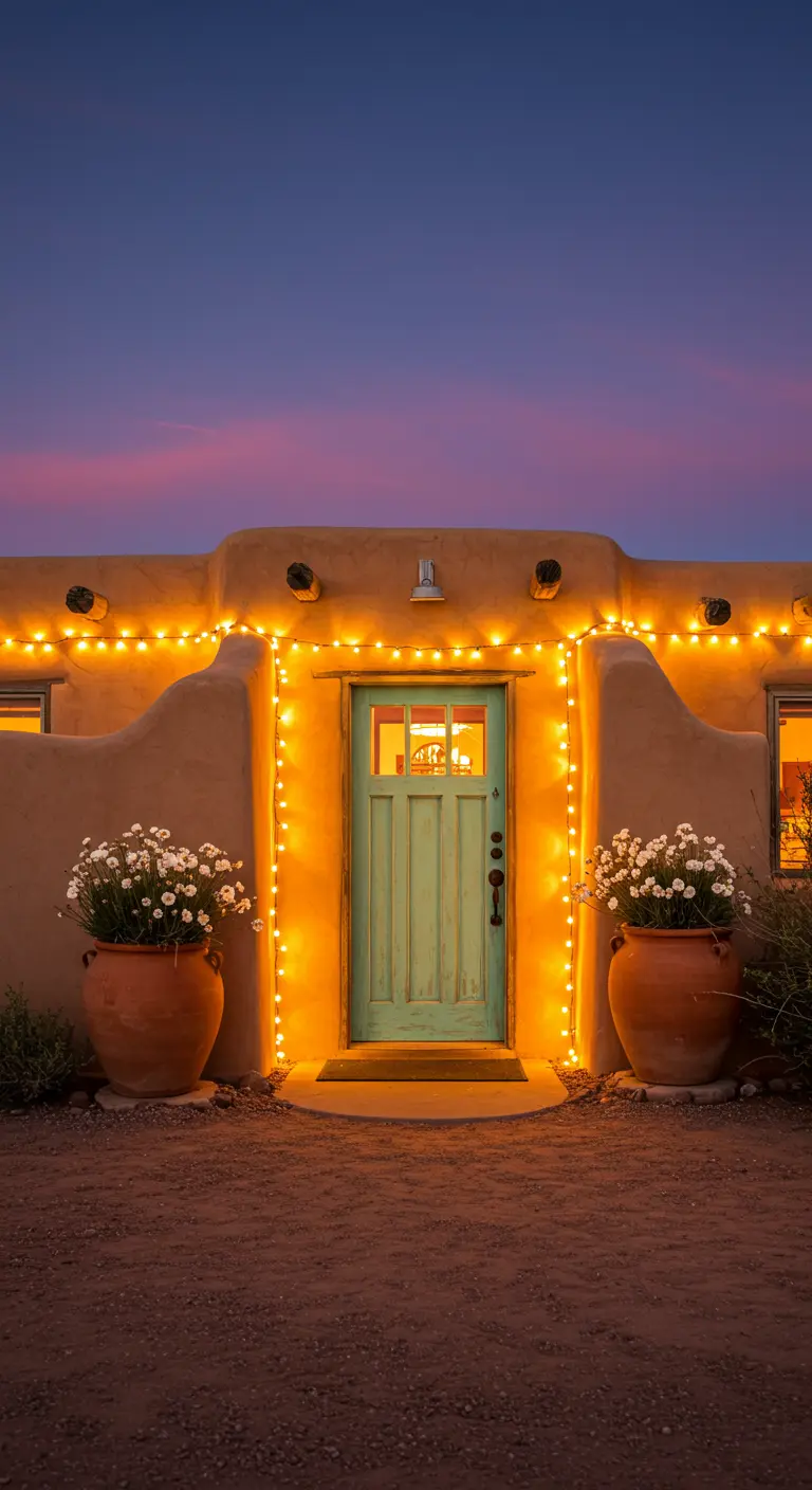 Casa de estilo adobe con la entrada delineada por guirnaldas de luces y grandes macetas de terracota.