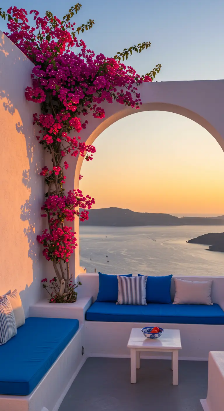 Terraza blanca con asientos azules, buganvilla y vistas al mar al atardecer.