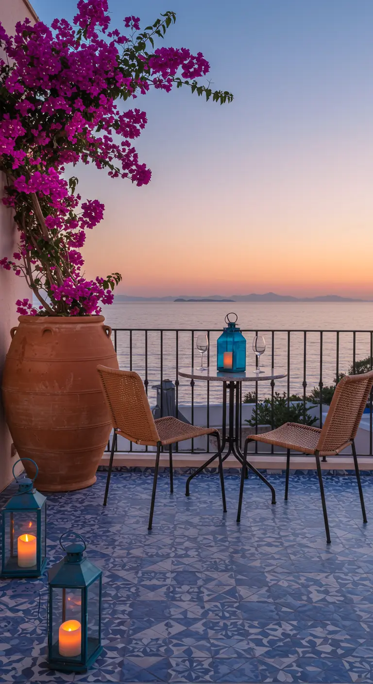 Balcón con vistas al mar al atardecer, suelo de baldosas azules y farolillos con velas.