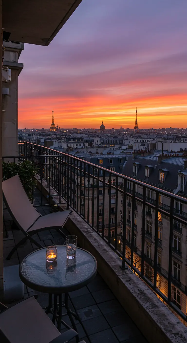 Silueta de un balcón con una mesa y sillas frente a un espectacular atardecer sobre los tejados de París.