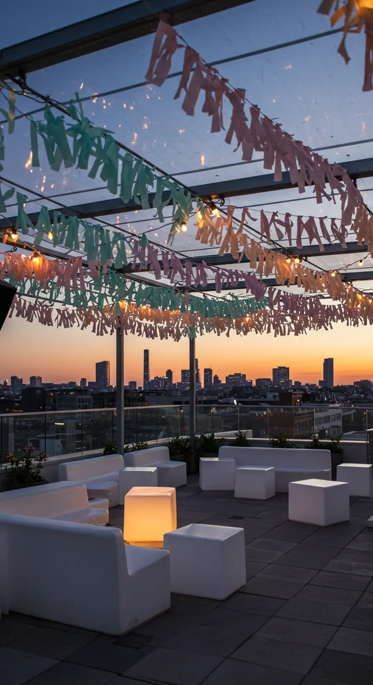 Terraza con guirnaldas de papel en tonos pastel y vistas a la ciudad al atardecer.