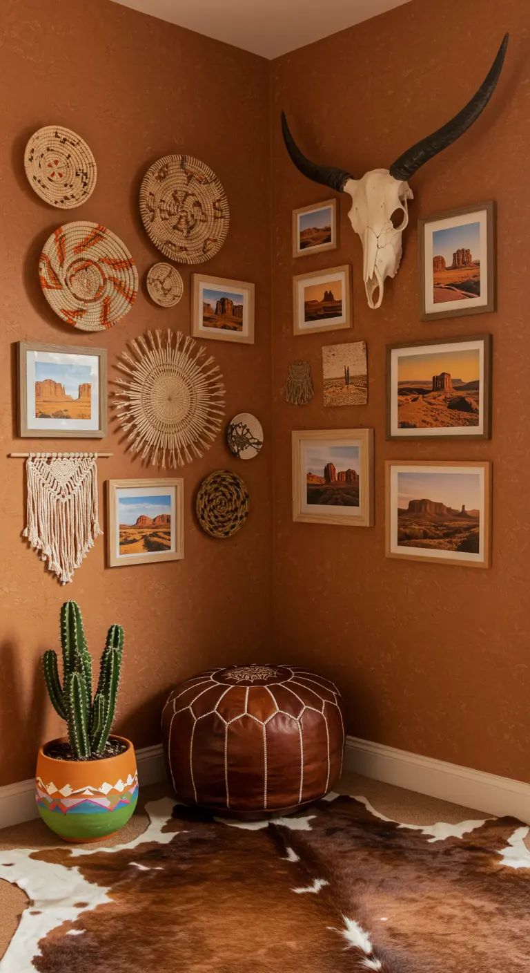Rincón de inspiración desértica con paredes terracota, cestas tejidas y un cráneo de animal
