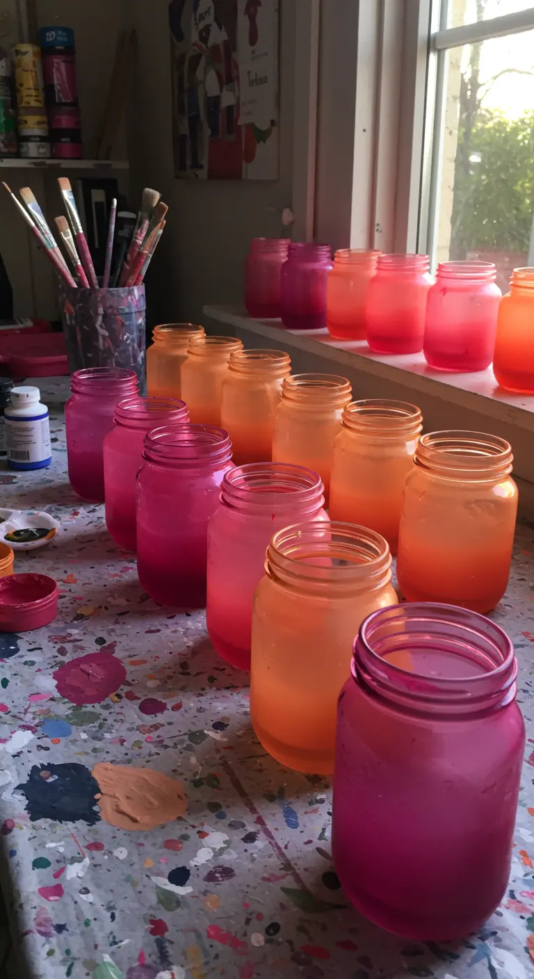 Frascos de vidrio pintados en un degradado de rosa a naranja, secándose en una mesa de trabajo.