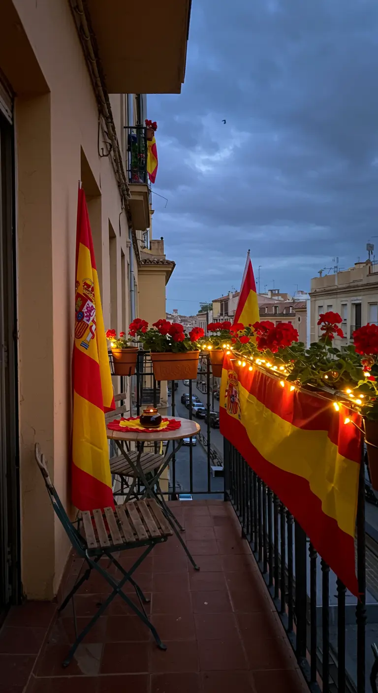 Balcón con banderas de España, geranios rojos y una guirnalda de luces cálidas al atardecer.