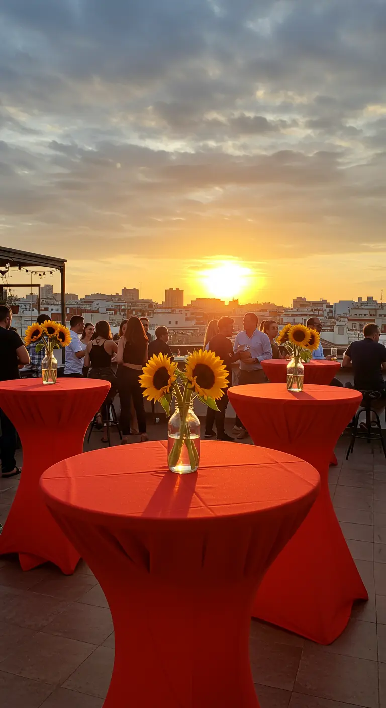 Mesas altas con manteles rojos y girasoles al atardecer en una azotea.