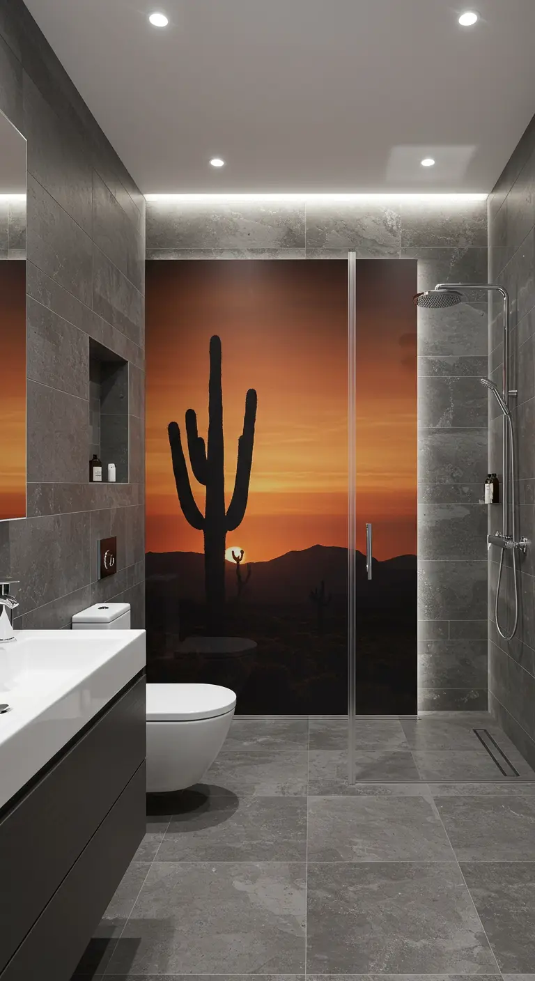Ducha moderna con un mural de pared de un atardecer en el desierto con un cactus.