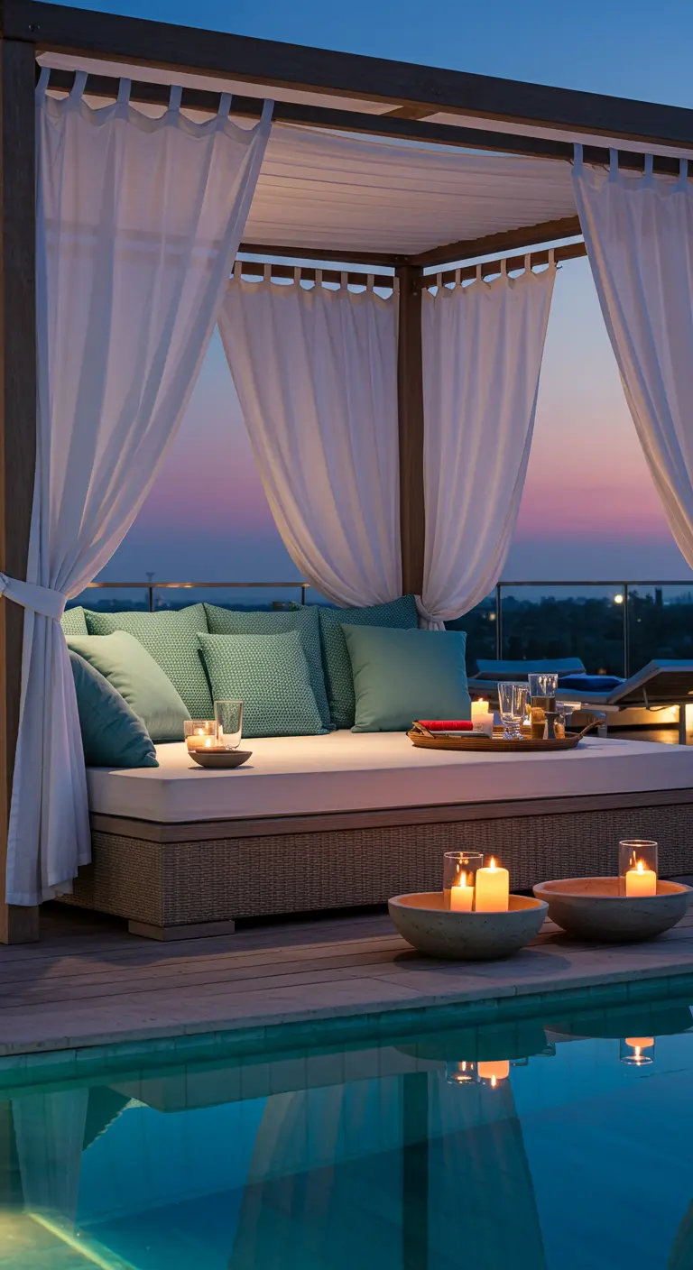 Cama balinesa en una terraza con cojines turquesa y velas al lado de una piscina.