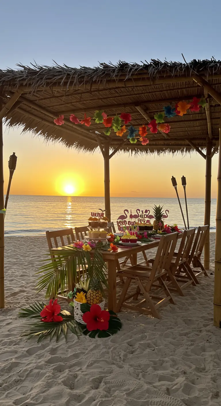 Fiesta temática hawaiana en la playa al atardecer, con cupcakes y decoración tropical.