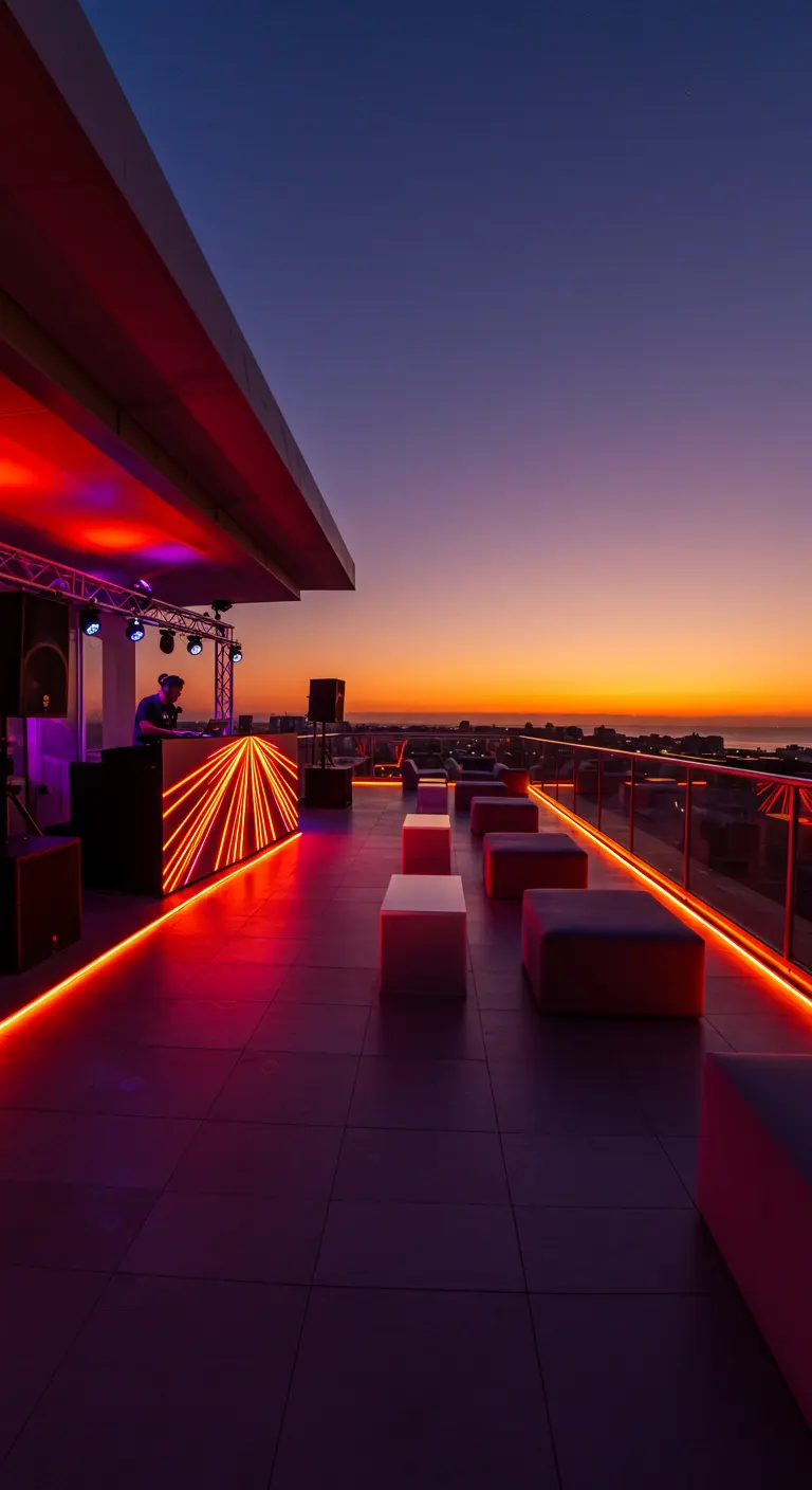 Terraza en un ático al atardecer con un DJ y luces LED naranjas que delinean el espacio
