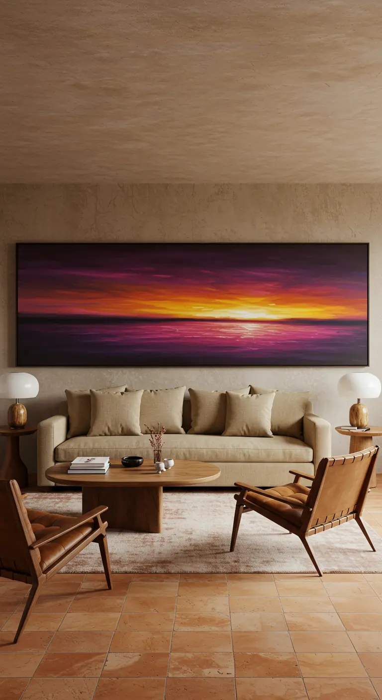 Sala con sofá beige y un gran cuadro panorámico de un atardecer abstracto.