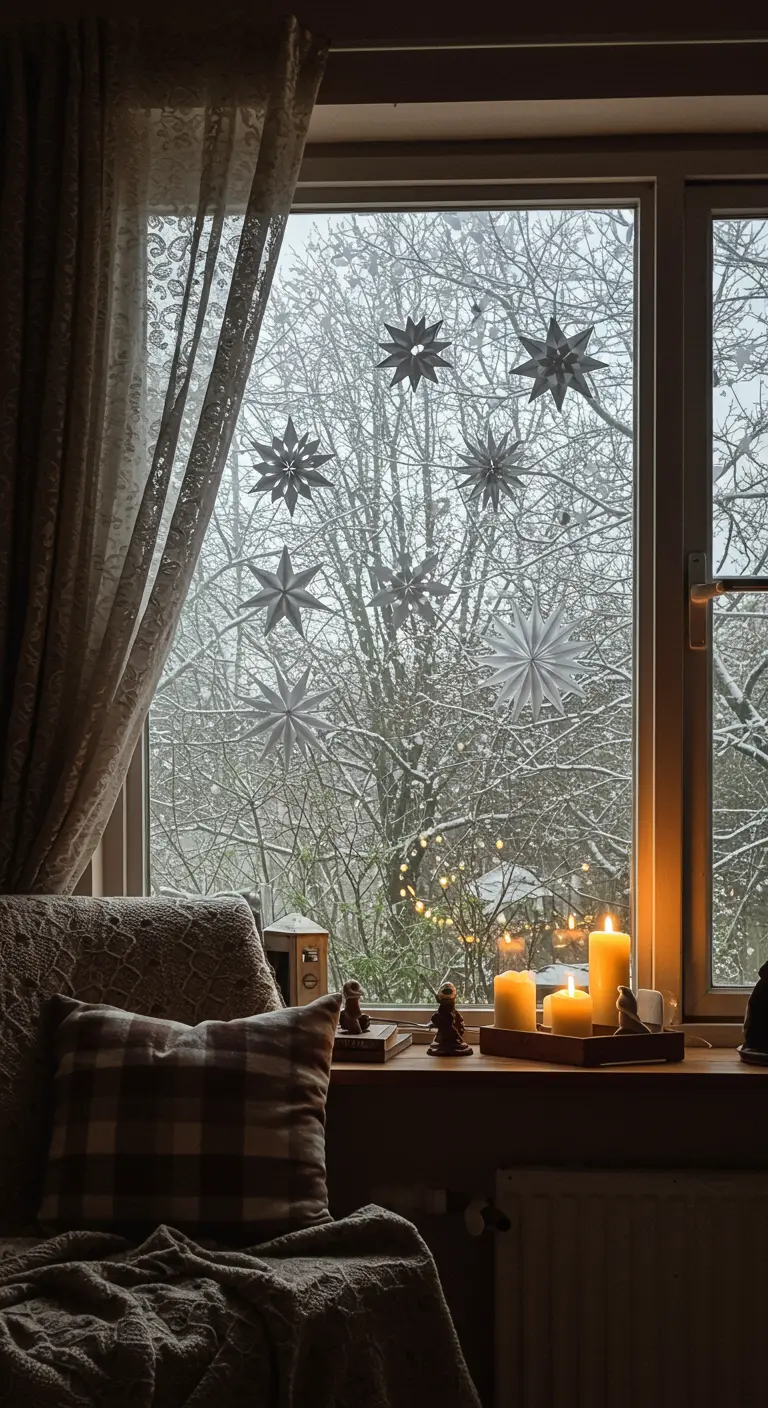 Copos de nieve de papel gris en una ventana, con varias velas encendidas en el alféizar.