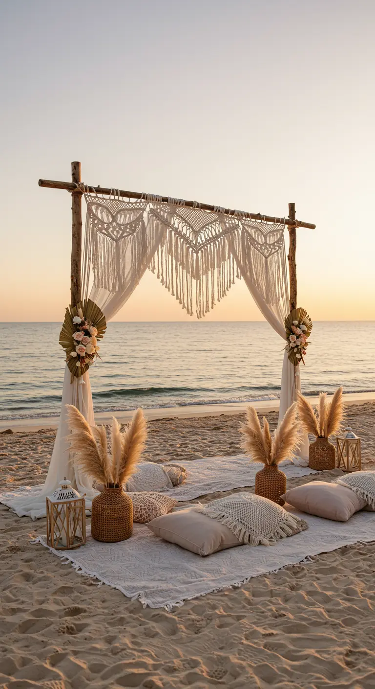 Arco de macramé en la playa al atardecer para una fiesta de cumpleaños boho.