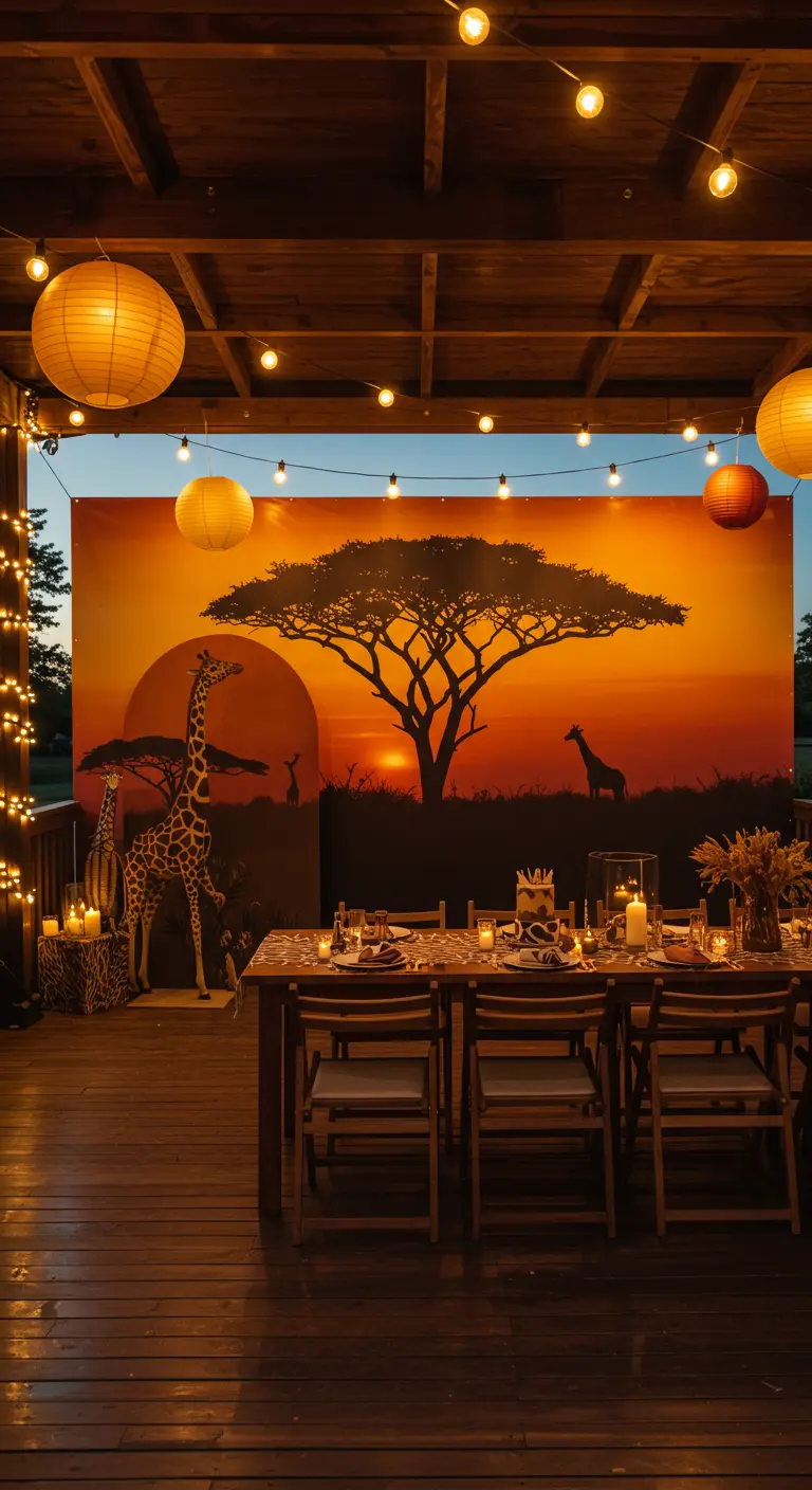 Cena en un porche con un gran telón de fondo de un atardecer en la sabana africana.