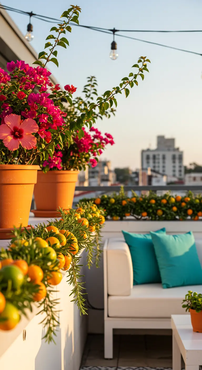 Terraza urbana al atardecer con buganvillas, naranjos y un sofá blanco con cojines turquesa.