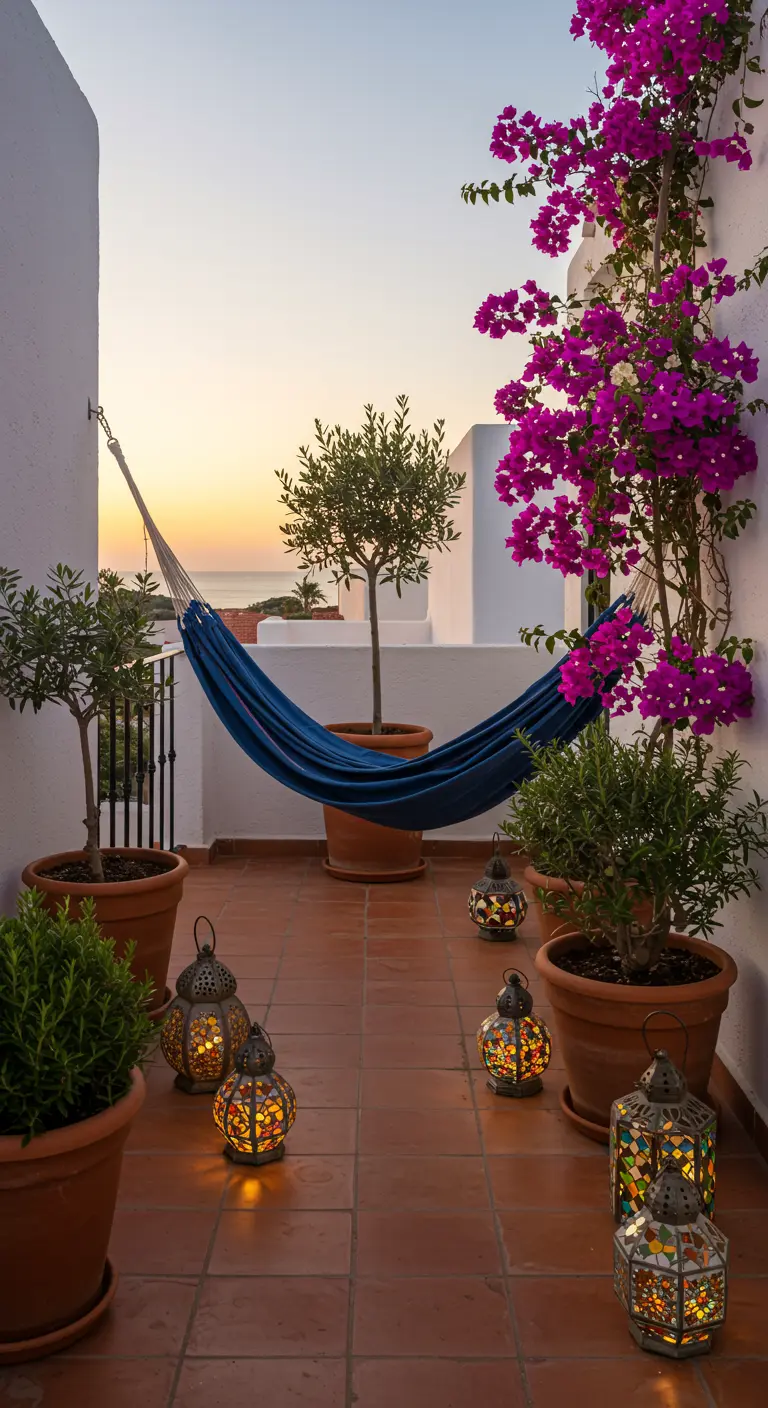 Terraza de estilo mediterráneo con hamaca azul, buganvillas, olivos y farolillos marroquíes al atardecer