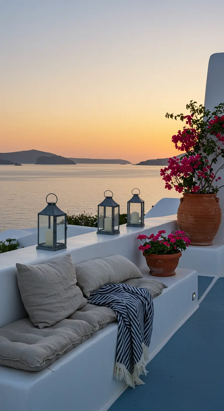 Terraza blanca con vistas al mar, un banco con cojines y una manta, y tres faroles minimalistas.