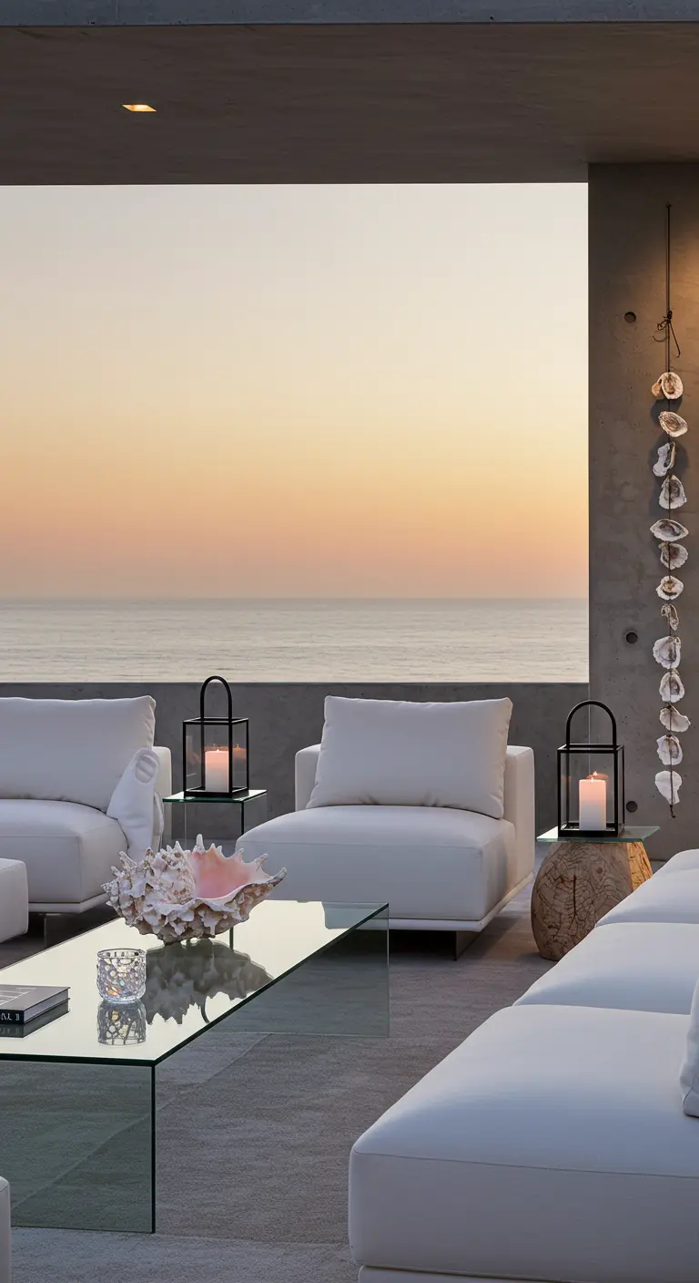 Terraza moderna y minimalista con sofás blancos, vistas al mar y una gran concha decorativa.