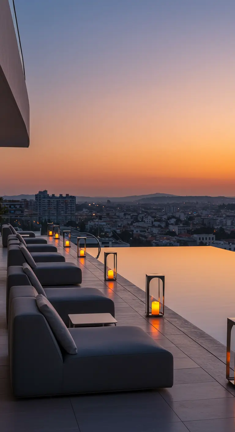 Tumbonas modernas junto a una piscina infinita al atardecer, con farolillos iluminados.