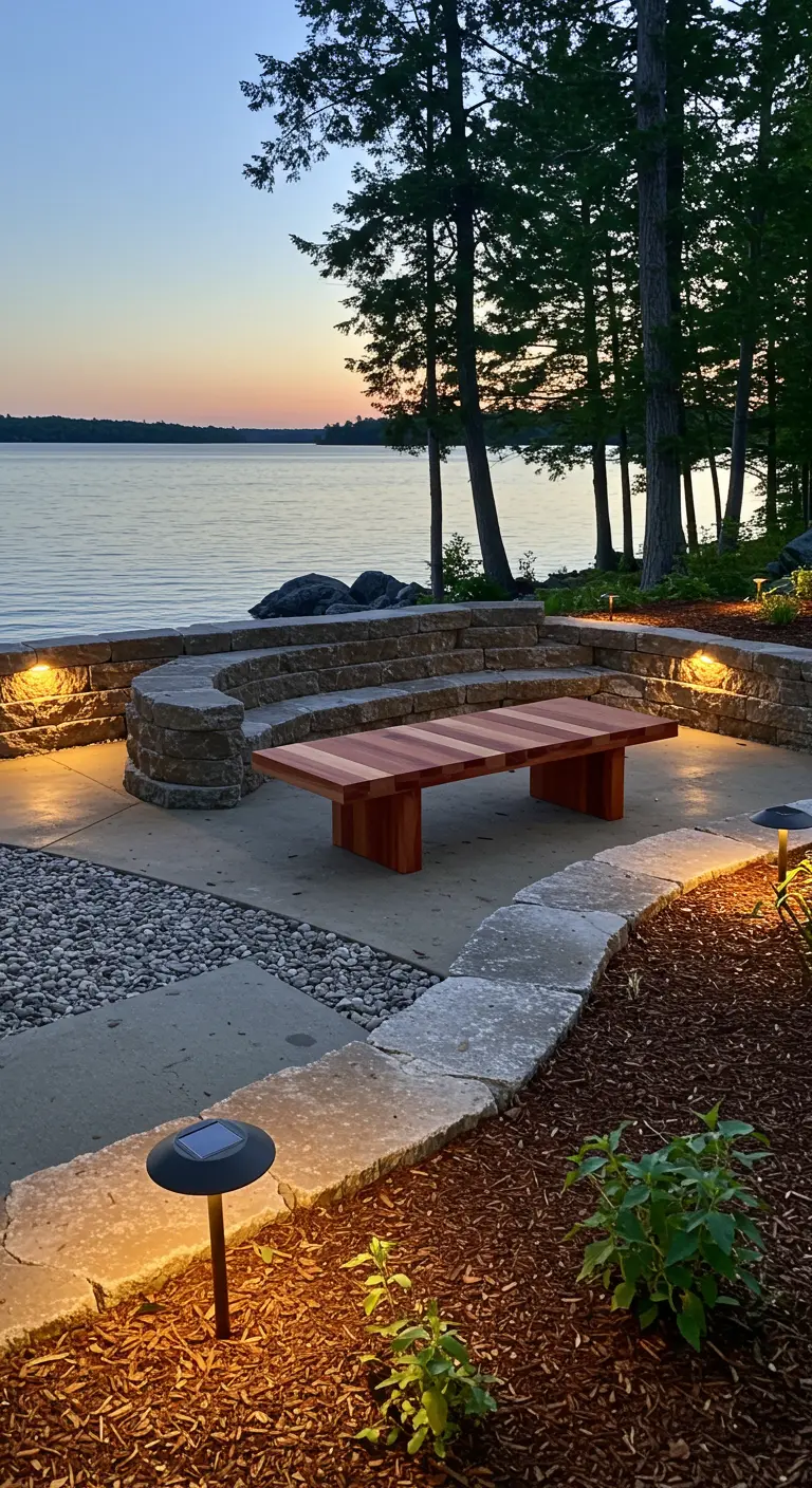 Terraza moderna junto a un lago con muros bajos de piedra curvados y un banco de madera de cedro.