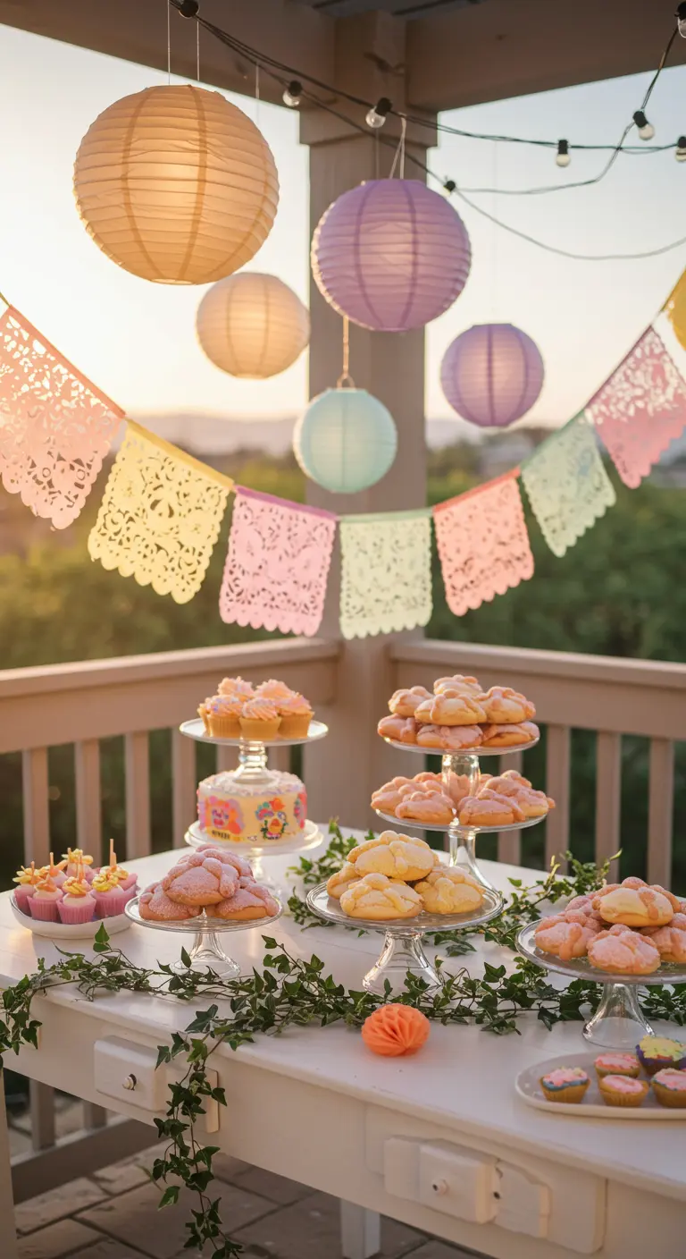 Mesa de dulces en tonos pastel con papel picado, lámparas de papel y pan de muerto.