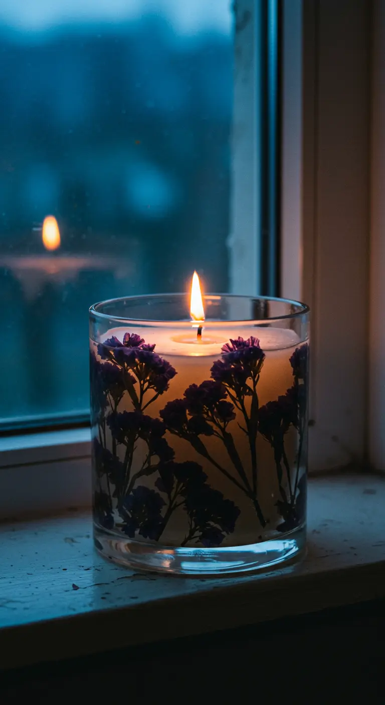 Vela encendida junto a una ventana, con siluetas de flores moradas iluminadas por la llama.