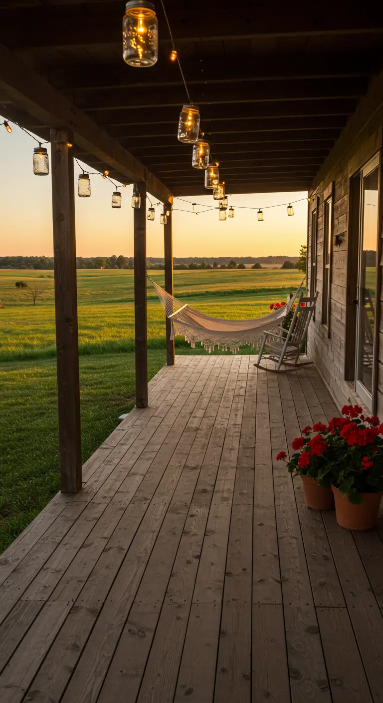 Porche rústico con hamaca blanca y luces en frascos de cristal.