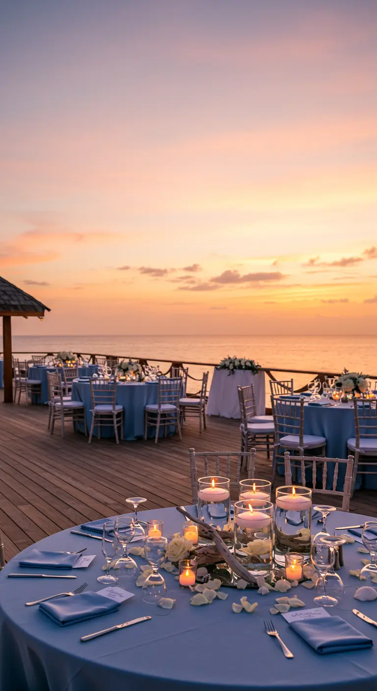 Cena romántica en una terraza junto al mar al atardecer, con manteles azules y velas.