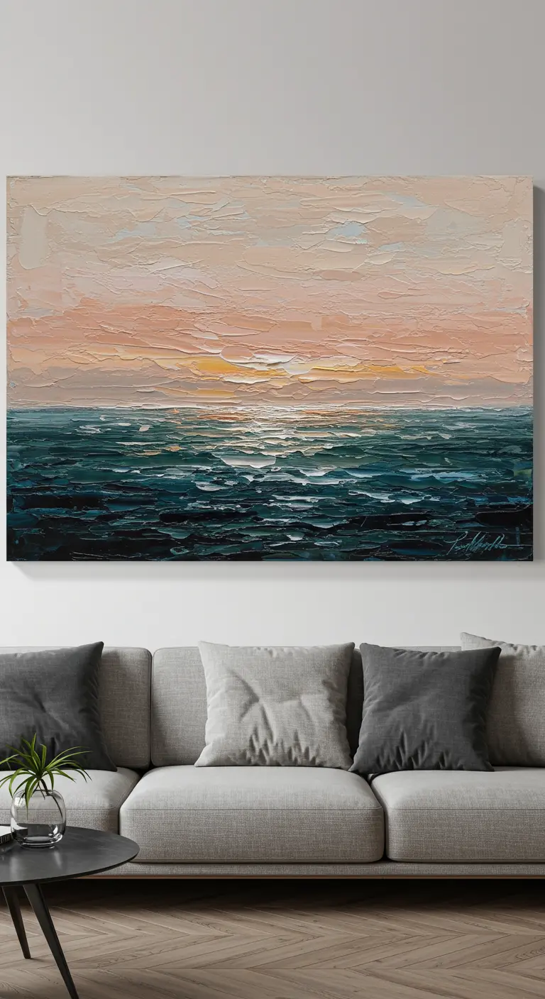 Cuadro de un atardecer sobre el mar hecho con espátula.