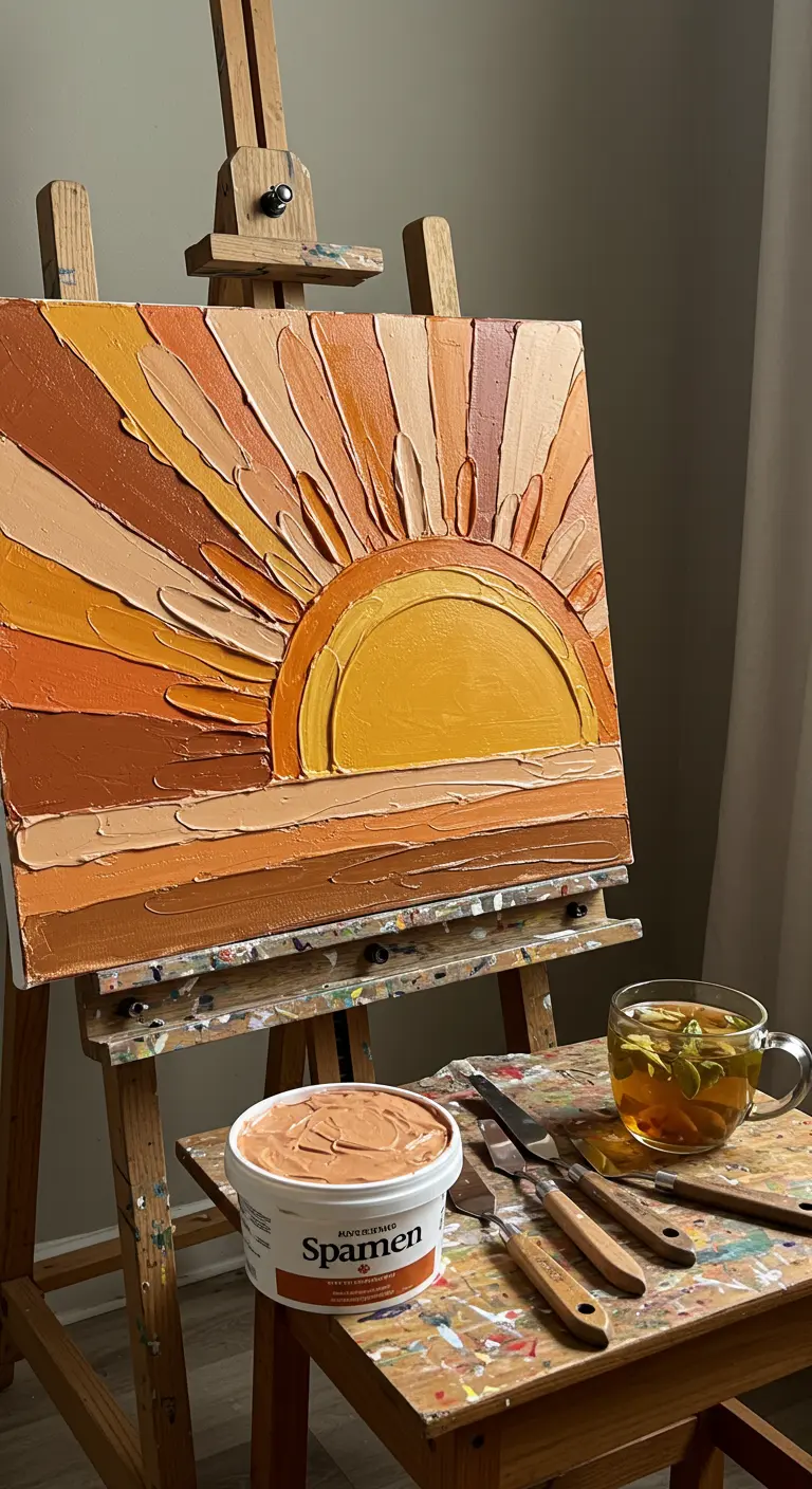 Cuadro DIY de un sol al atardecer con textura y colores cálidos