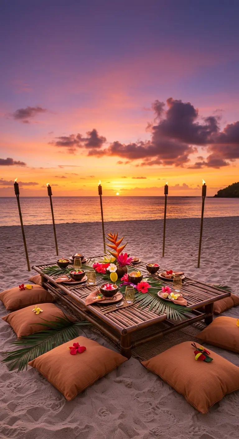 Cena romántica en la playa al atardecer con mesa de bambú y antorchas.