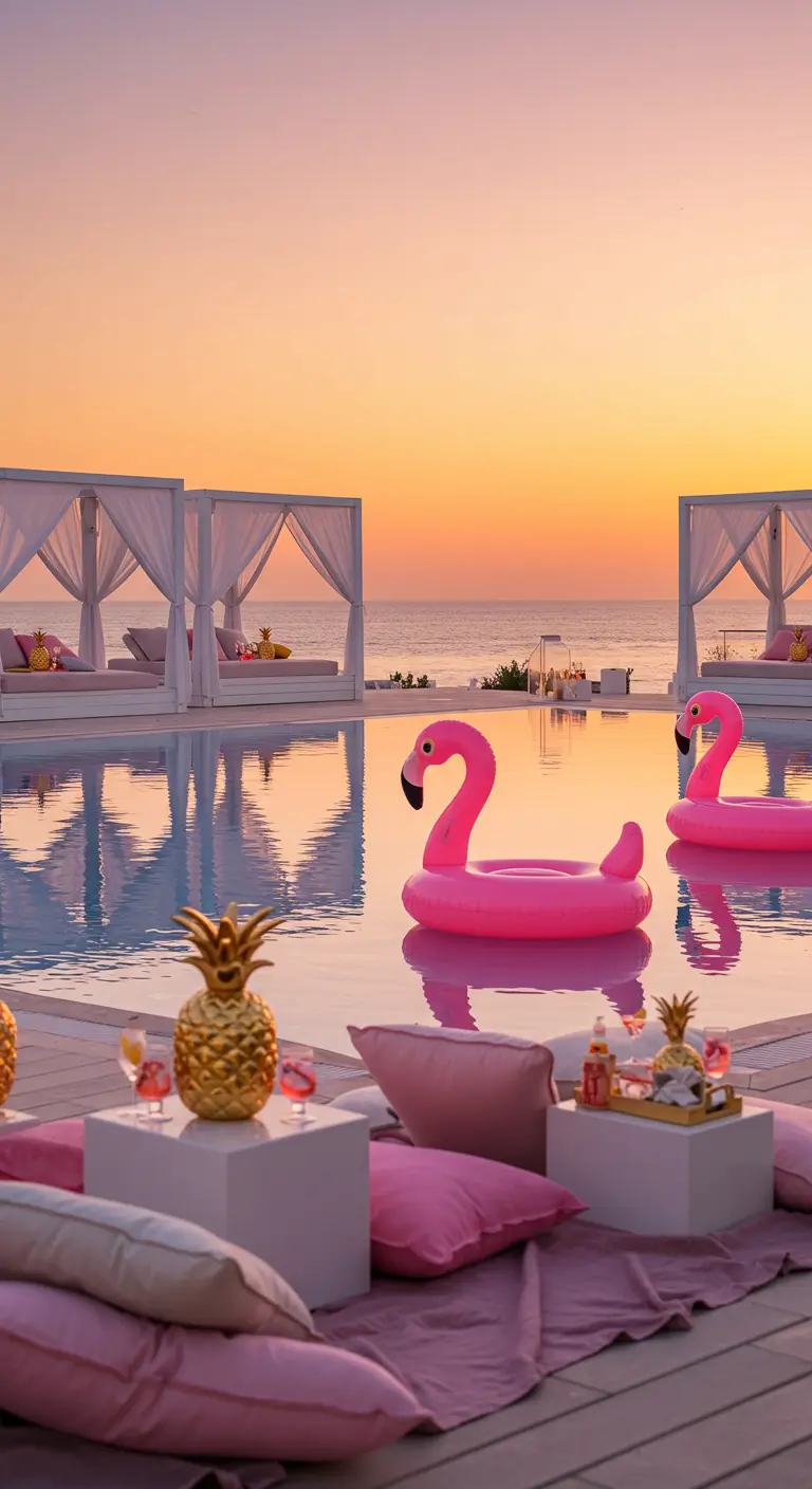 Zona lounge junto a una piscina con flotadores de flamencos y cojines rosas al atardecer.