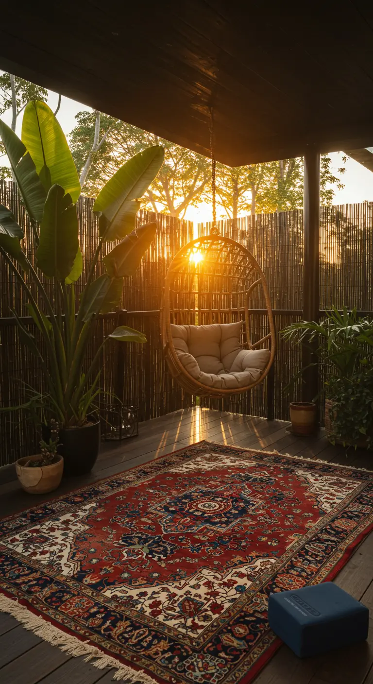 Terraza de madera con silla colgante, alfombra persa y plantas tropicales al atardecer.