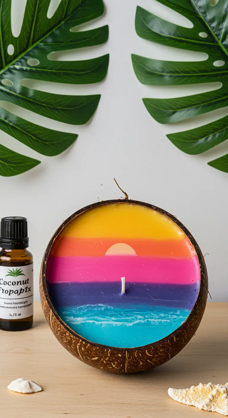 Vela en una cáscara de coco con capas que simulan un atardecer sobre el mar.