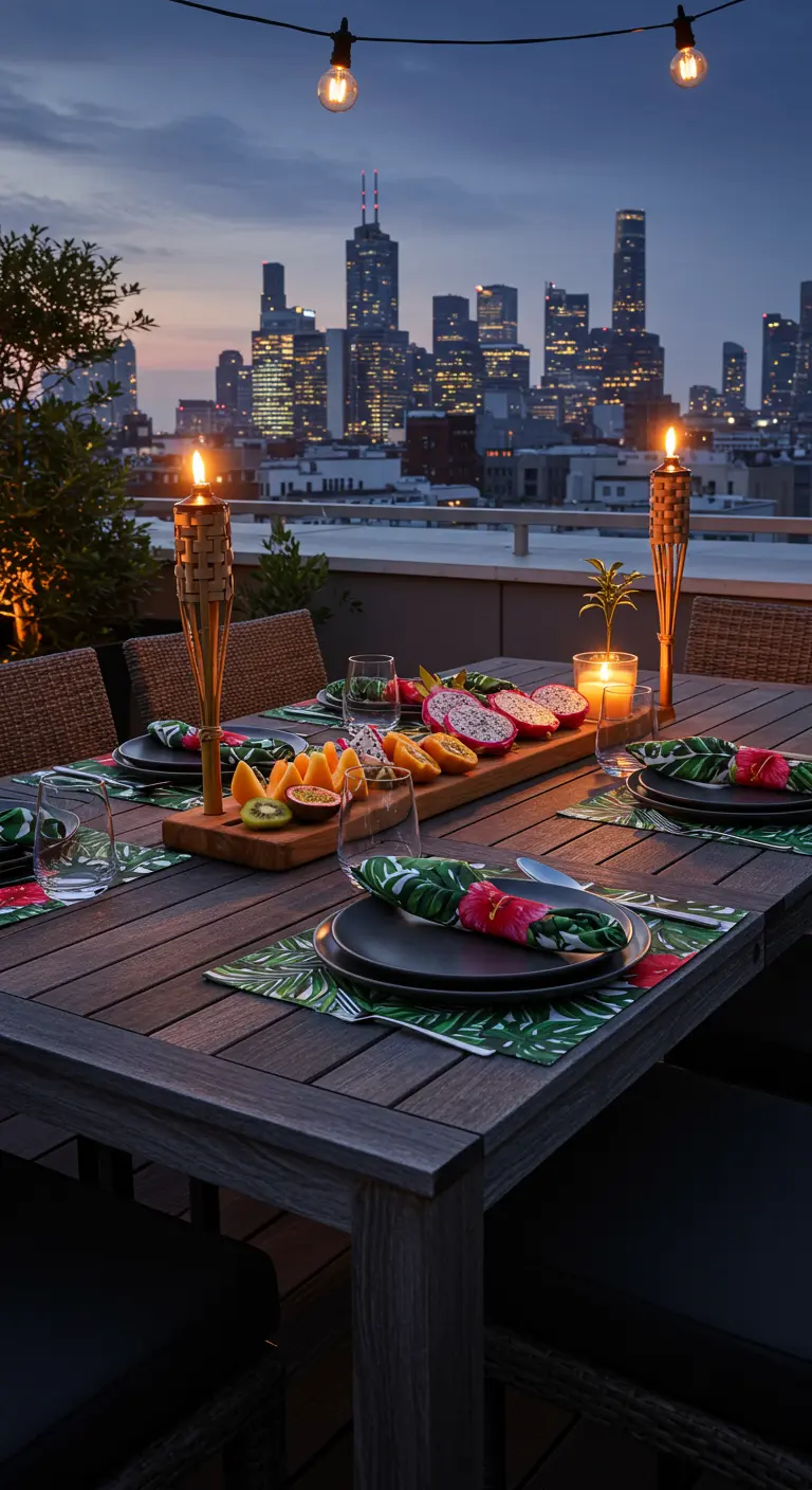 Mesa en una azotea con antorchas, fruta del dragón y vistas a la ciudad al anochecer.