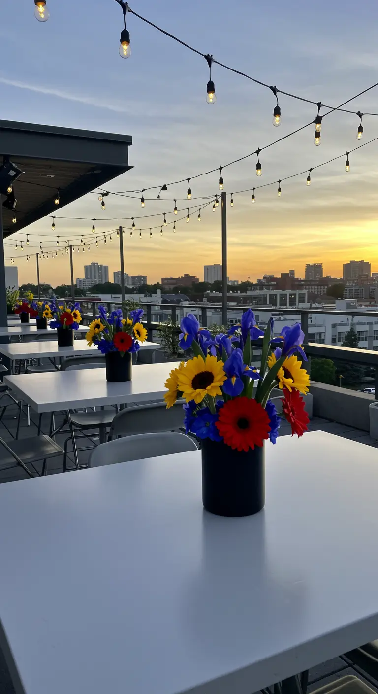 Terraza urbana con flores de colores primarios en jarrones negros al atardecer.