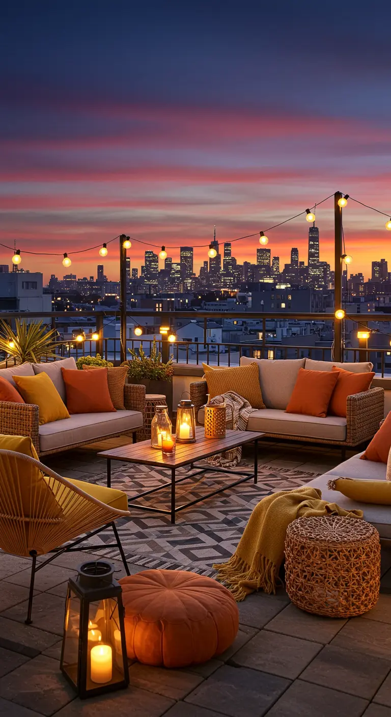 Azotea con vistas a la ciudad, sofás cómodos y guirnaldas de luces al atardecer.