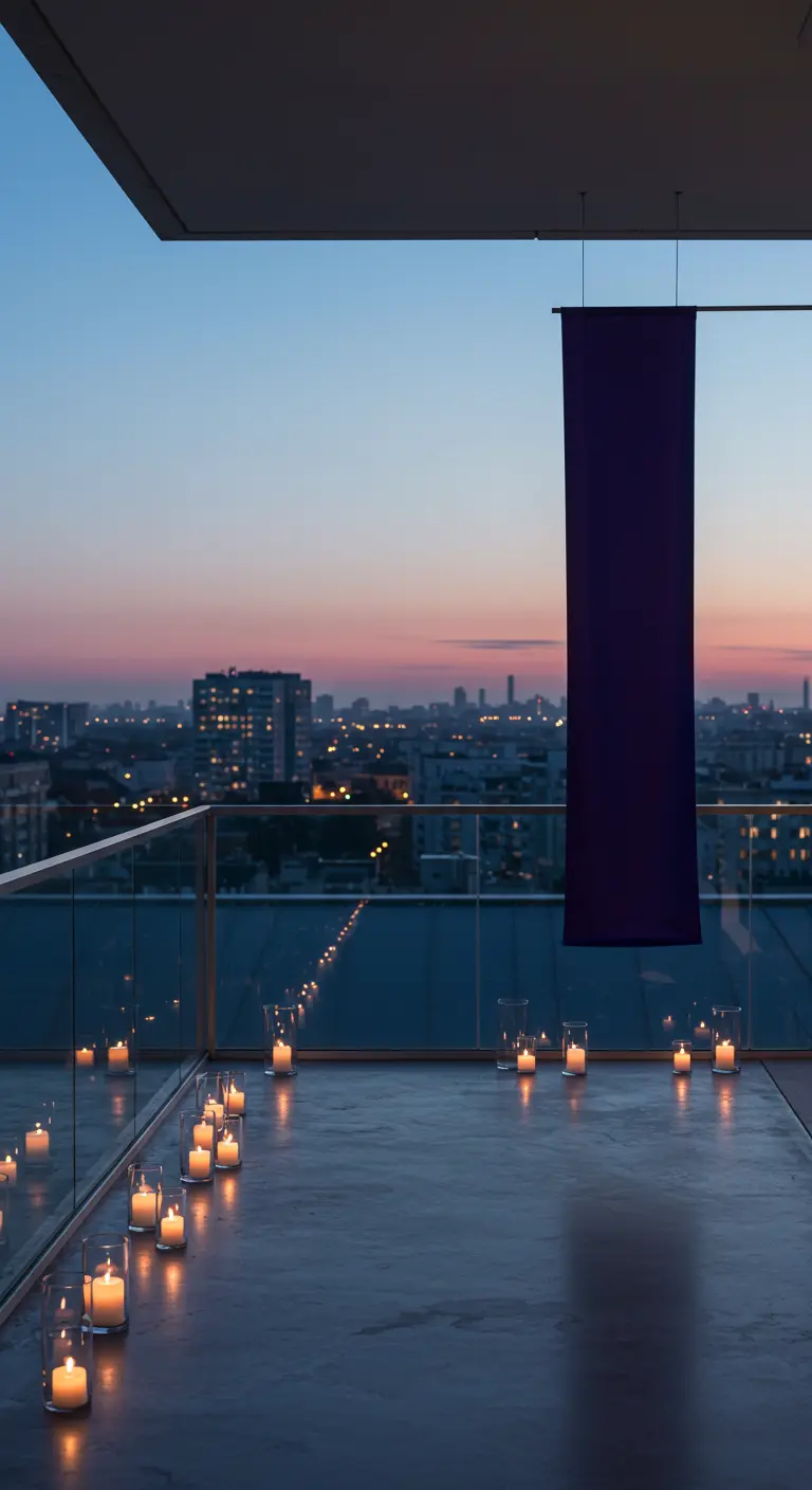Balcón moderno y minimalista con una tela morada y velas en el suelo al atardecer.