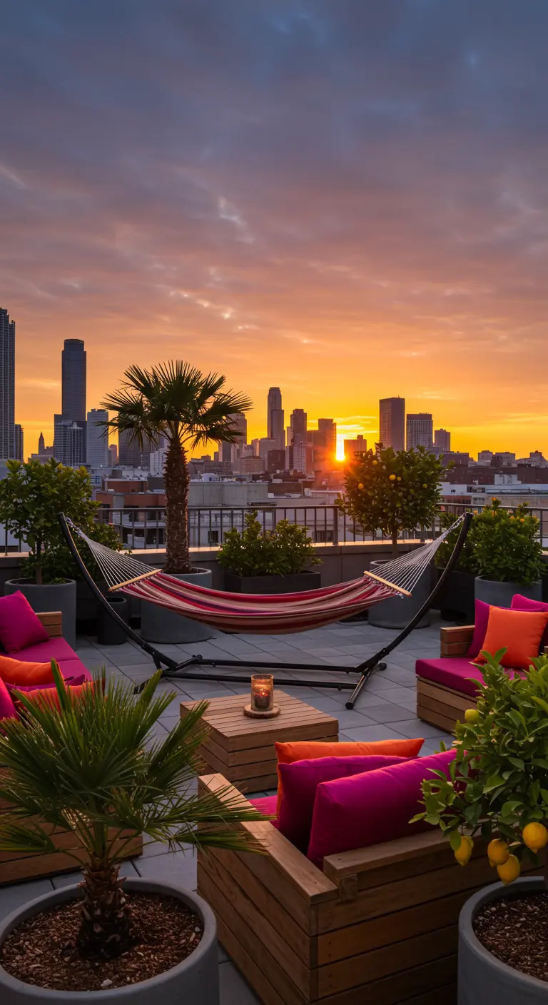 Terraza en una azotea con hamaca en soporte, cojines fucsias y vistas a la ciudad al atardecer.