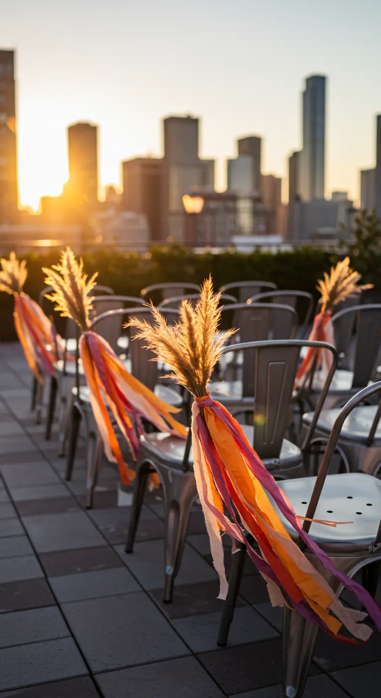Sillas metálicas en una azotea con cintas de colores cálidos y hierba de pampa.
