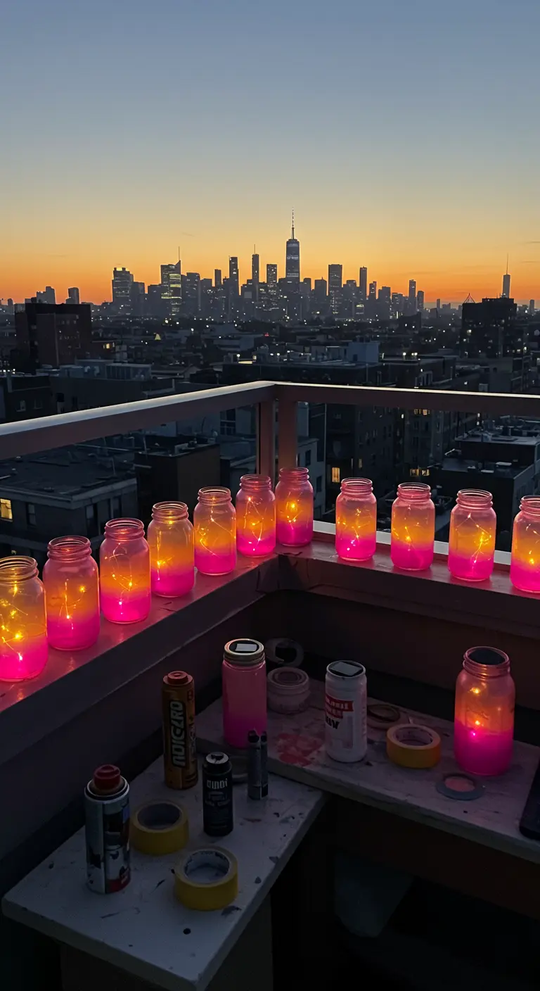 Frascos pintados en un degradado de rosa neón y naranja, alineados en el borde de una azotea con vistas a la ciudad.