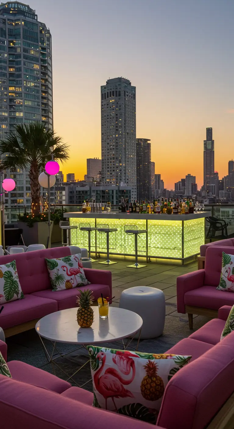 Sofás rosas en una azotea con vistas a la ciudad, cojines tropicales y una barra iluminada.
